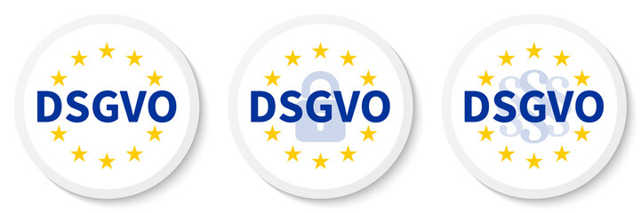 Fototapeta na wymiar DSGVO Weißer Kreis Aufkleber Set mit EU-Flagge, Vorhängeschloss und Paragraphenzeichen.