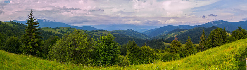 Fototapeta na wymiar A picturesque view of the vast endless green Carpathian mountains against the blue sky with white clouds