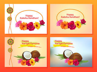 Set horizontal template cards for Raksha bandhan celebration, Nariyal Purnima Indian festival, Decorative Rakhi, coconuts, roses, daisy flowers on white and vintage background, vector illustration, A4