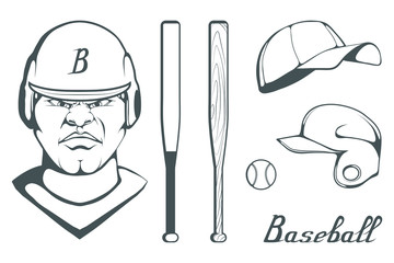 Set of baseball player design elements. Hand drawn Baseball ball. Cartoon baseball helmet. Hand drawn Man Head. Baseball bat. Vector graphics to design