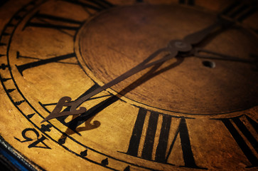 Close up old antique classic clock. Concept of time, history, science, memory, information. Retro...