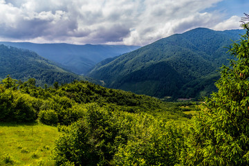 Obraz premium he top of the beautiful mountains overgrown with green and dense forest and heavy clouds on the horizon