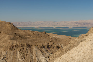 View of the dead sea from the Negev desert mountains 