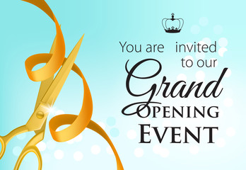 Grand opening event lettering with golden scissors and ribbon. Creative invitation on blue background. Illustration with lettering can be used for invitation cards, layout, posters and leaflets