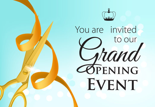 Grand opening event lettering with golden scissors and ribbon. Creative invitation on blue background. Illustration with lettering can be used for invitation cards, layout, posters and leaflets