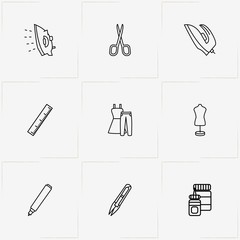 Sewing line icon set with pen, sewing cutter  and glue