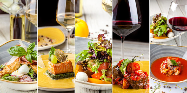 Seth from photos of European cuisine. Salads, steaks, meat, red and white wine. The concept of European dishes for restaurants, bars and cafes. Background image