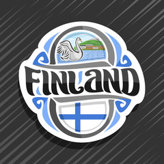 Vector logo for Finland country, fridge magnet with finnish flag, original brush typeface for word finland and finnish symbol - white swan in lake of koli national park on blue cloudy sky background.