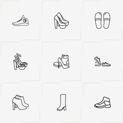 Shoes line icon set with slippers, lady boots  and lady shoes