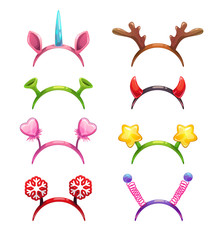 Funny cartoon headbands with horns and ears.