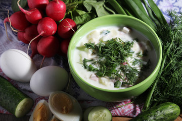 A bowl with traditinal Russian cuisine soup okroshka