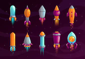 Cartoon colorful space missile set.