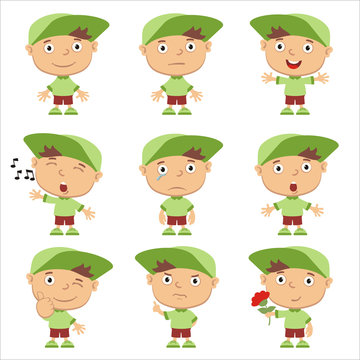 Collection of emoticons of funny boy in cap in different poses isolated on white background.