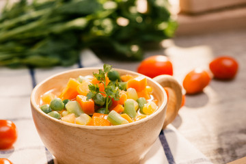 Close up of steamed vegetables on isolated background