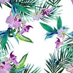 Watercolor orchid seamless pattern.