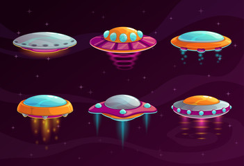 Cartoon colorful ufo assets set. © lilu330