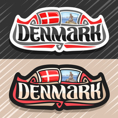 Vector logo for Denmark country, fridge magnet with danish flag, original brush typeface for word denmark and danish symbols - statue of little mermaid in Copenhagen on waves sea background.