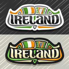 Vector logo for Ireland country, fridge magnet with irish flag, original brush typeface for word ireland and irish national symbols - music instrument harp on floral shamrock background.