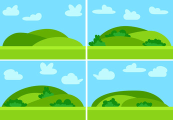 Set of four images with natural cartoon landscapes in the flat style with green hills, blue sky  and clouds at sunny day. Vector illustration
