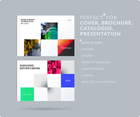 Square design presentation template with colourful rectangles shadows. Abstract vector set of modern horizontal banners