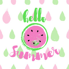 Hello Summer greeting card with pink Watermelon. Hand drawn Hello Summer lettering on colorful background.