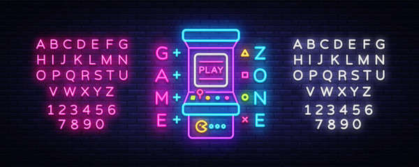 Game Zone Logo Vector Neon. Game Room neon sign board, design template, Gaming industry advertising, Gaming Machine vector, light banner, bright neon design element. Vector. Editing text neon sign