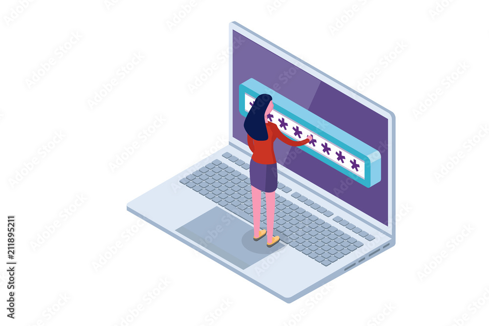 Poster data access, password isometric concept. login form on screen. vector illustration.