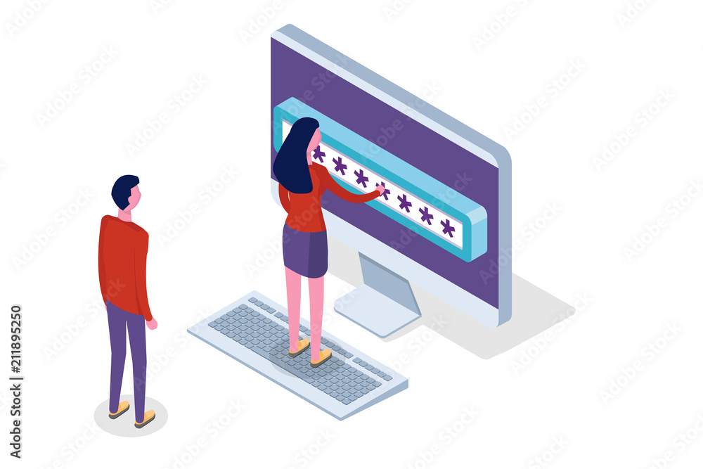 Poster data access, password isometric concept. login form on screen. vector illustration.