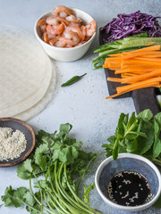 Ingredients for cooking spring rolls - carrots, cucumbers, herbs, red cabbage, shrimps, rice paper on a gray background. Food set for cooking Vietnamese spring rolls. Copy space