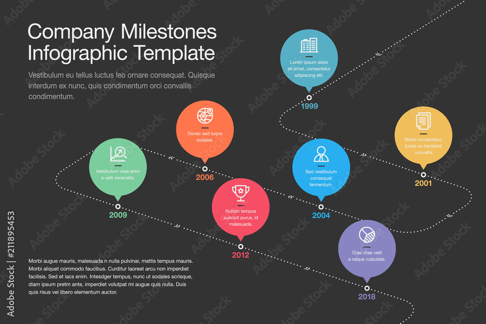Poster Simple visualization for company milestones timeline template with colorful circles and stroke icons on a curved road line - dark version. Easy to use for your website or presentation.