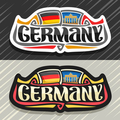 Vector logo for Germany country, fridge magnet with german flag, original brush typeface for word germany and german national symbol - Brandenburg gate in Berlin on blue evening cloudy sky background.