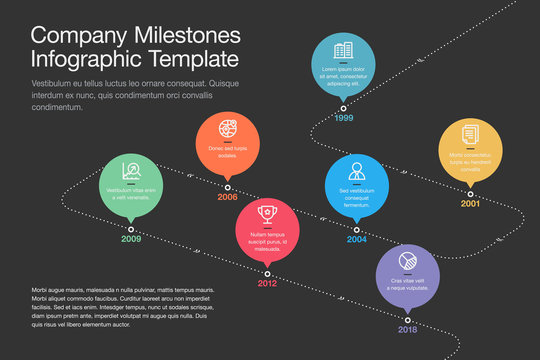 Simple visualization for company milestones timeline template with colorful circles and stroke icons on a curved road line - dark version. Easy to use for your website or presentation.