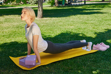 Morning fitness, yoga, pilates practice in the summer park. A slim blonde girl in sportswear stretching her back while doing the swan pose on a yellow exercise mat, purple yoga bricks in front of her. © RedUmbrella&Donkey