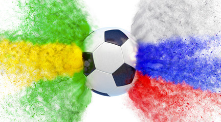 Brazil versus Russia Soccer match. Particles in Brazil and Russia national colors, hitting a Socccer ball. 3D Rendering 