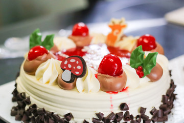 Close up of Black forest cake with blur background.