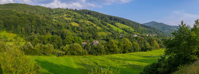 Small rural houses in the shade of green tall trees on the slopes of gently sloping mountains