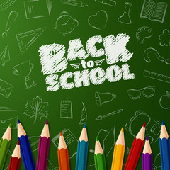 Welcome back to school background with doodle elements on chalkboard and colorful pencils