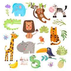 Cute set of safari animals and flowers. Savanna and safari funny cartoon animals. Jungle animals vector set. Crocodile, giraffe, lion and monkey, and other jungles and savannah animals in one cute © kirasolly