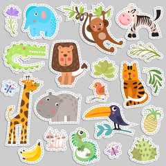 Leuke set stickers van safaridieren en bloemen. Savanne en safari grappige cartoon sticker dieren. Jungle dieren vector set sticker elementen. Krokodil, giraf, leeuw en aap, en andere