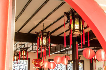 traditional Chinese Style Interior decoration. Lanterns on the ceiling