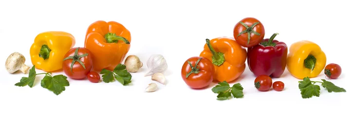 Photo sur Aluminium Légumes frais Red yellow and orange peppers with tomatoes on a white background..Multicolored vegetables in a composition on a white background..