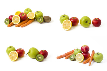 Fruits on a white background. Lemon with apples and kiwi on white background. Kiwi with lemon on a white background. Carrots with fruits on a white background.