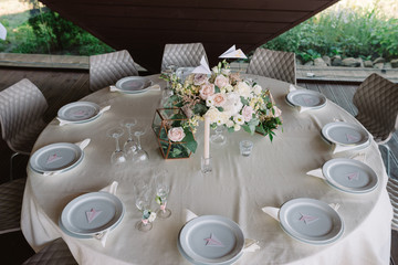 Festive lunch at restaurant. A wedding table for guests.
