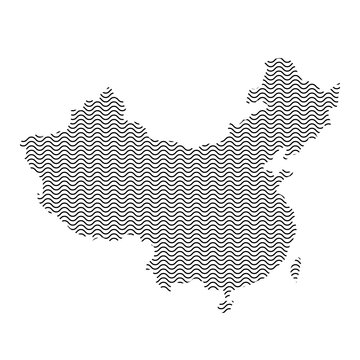 China map country abstract silhouette of wavy black repeating lines. Contour of sinusoid curve. Vector illustration.
