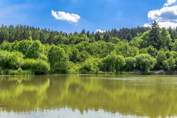 Green lake in the forest or pond in fishing district