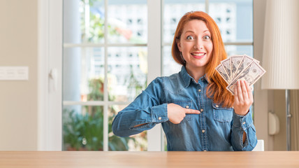 Redhead woman holding dollar bank notes at home with surprise face pointing finger to himself