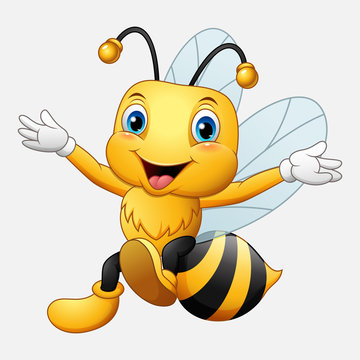 Cute bee cartoon waving hand