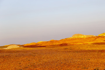 Fototapeta premium Red and yellow dry soil on the sunset