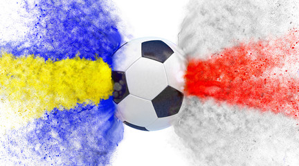 Sweden vs. England Soccer match. Particles in Sweden and England national colors, hitting a Socccer ball. 3D Rendering 