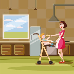 Mother feeds baby in kitchen, interior, cartoon style, vector, illustration, isolated